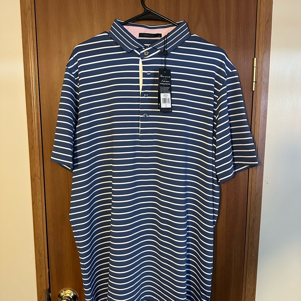 Greyson Blue and White Striped Polo Shirt - NWT